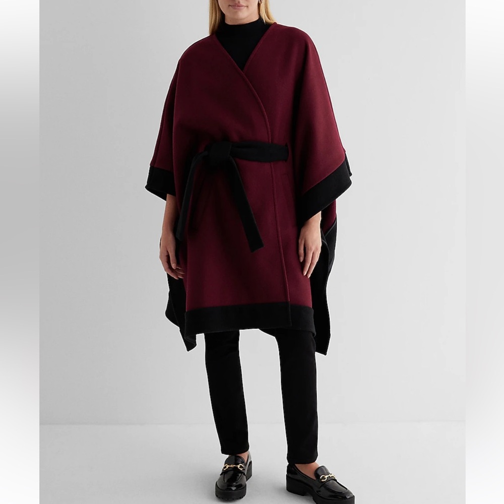 NWT Express Faux Wool Color Block Belted Cape Coat